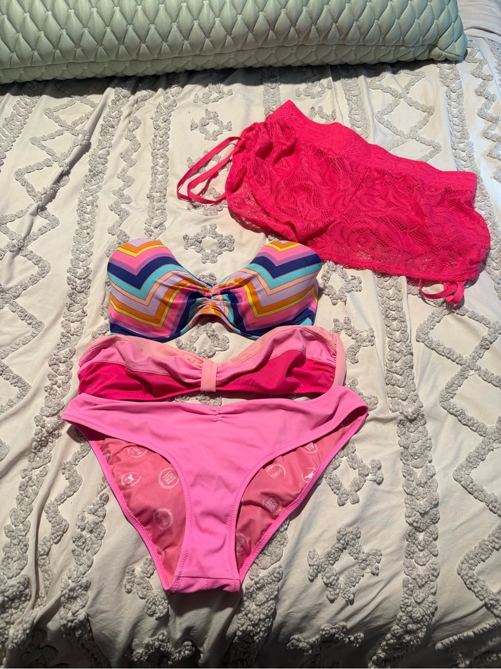 Victoria Secret Pink Multicolor Bikini Set with Lace Cover-up Shorts 34DD and M